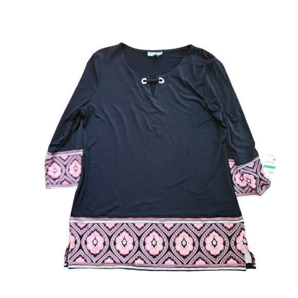 JM Collection Boho Tunic Women's Size L Black Top Sleeve 3/4 Blouse - Picture 9 of 11